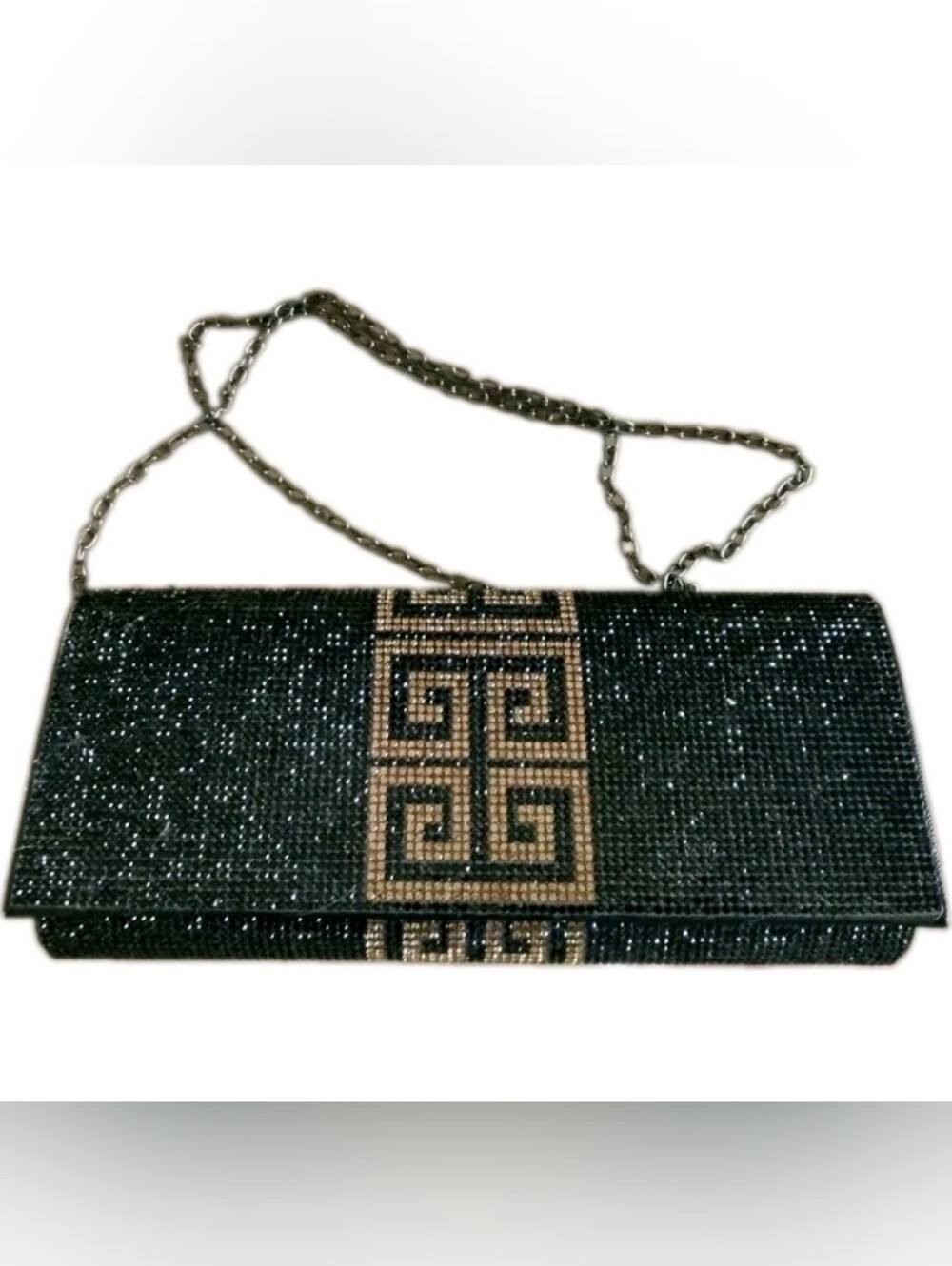 Vera Black Beaded Clutch Bag Gold Greek Key Design Metal Strap
